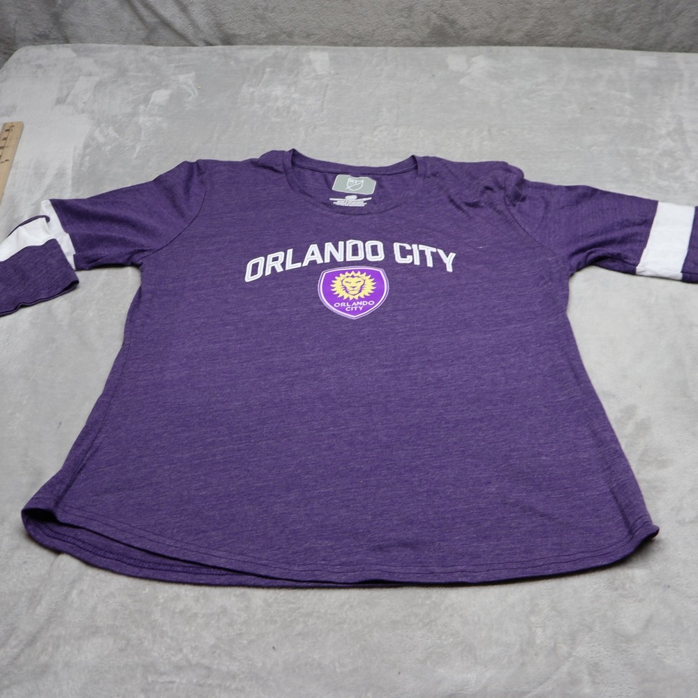 Orlando City SC Shirt Womens Large MLS Purple Soccer 3/4 Sleeve Stripes $28 NEW